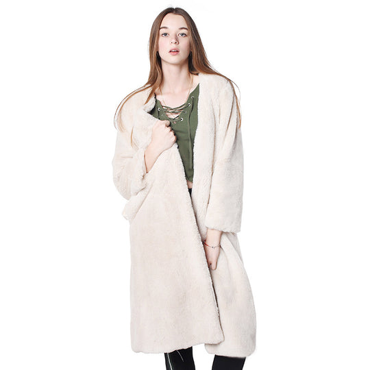 Damen Flauschiger Longjacke aus Kunstfell mit praktischen Taschen EB
