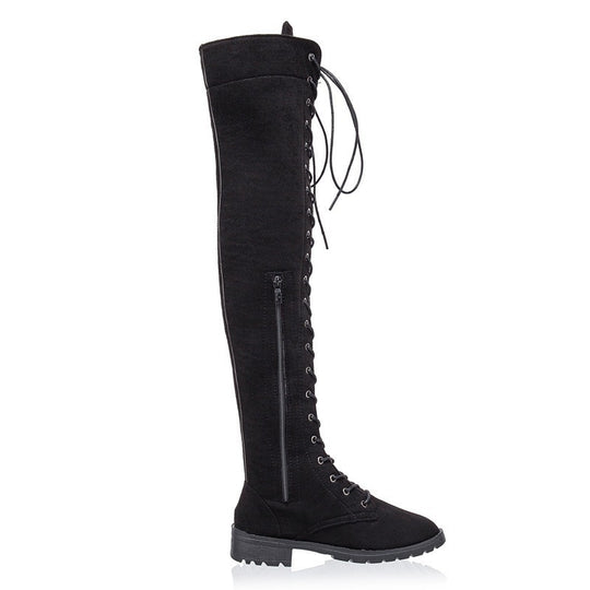 Damen Overkneestiefel aus weichem Wildleder mit dekorativem Schnür-Design EB