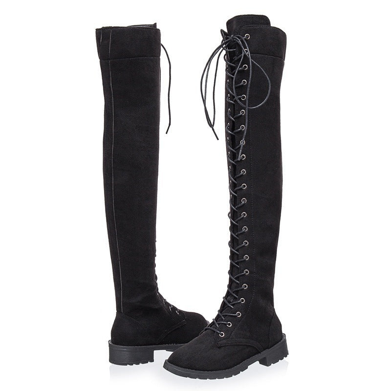 Damen Overkneestiefel aus weichem Wildleder mit dekorativem Schnür-Design EB
