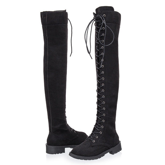 Damen Overkneestiefel aus weichem Wildleder mit dekorativem Schnür-Design EB