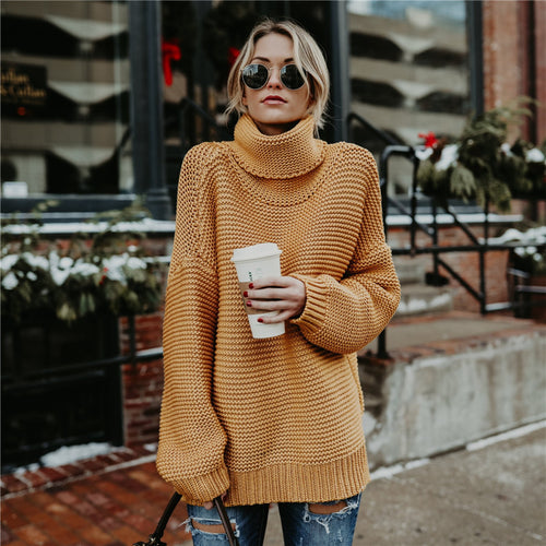 Damen Grobstrickpullover mit hohem Kragen und überschnittenen Schultern EB
