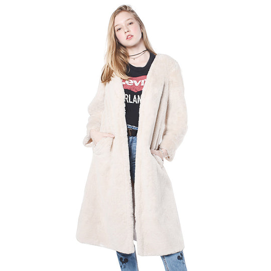 Damen Flauschiger Longjacke aus Kunstfell mit praktischen Taschen EB