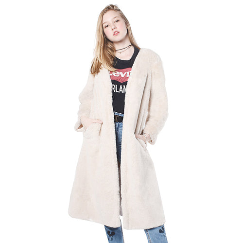 Damen Flauschiger Longjacke aus Kunstfell mit praktischen Taschen EB