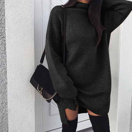 Damen nan Oversize Strickkleid mit Stehkragen, überschnittenen Schultern und seitlichem Oberschenkelschlitz EB