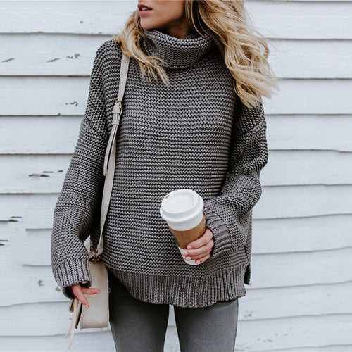 Damen Oversized Strickpullover mit hohen Kragen und strukturiertem Design EB