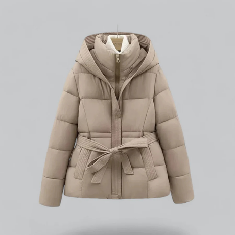EB | Gürtelte Daunenjacke Kapuzen Steppjacke mit Taillengürtel