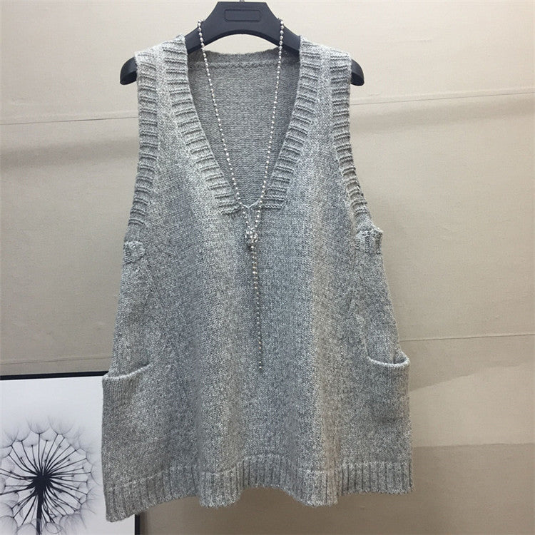 Damen V-Ausschnitt Stricktop mit seitlichen Taschen EB