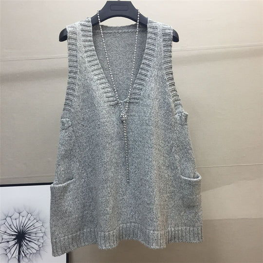 Damen V-Ausschnitt Stricktop mit seitlichen Taschen EB