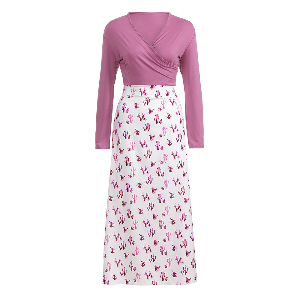 Damen Wickelkleid mit auffälligem Kaktusdruck und langen Ärmeln EB
