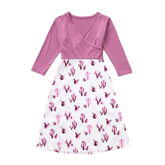 Damen Wickelkleid mit auffälligem Kaktusdruck und langen Ärmeln EB