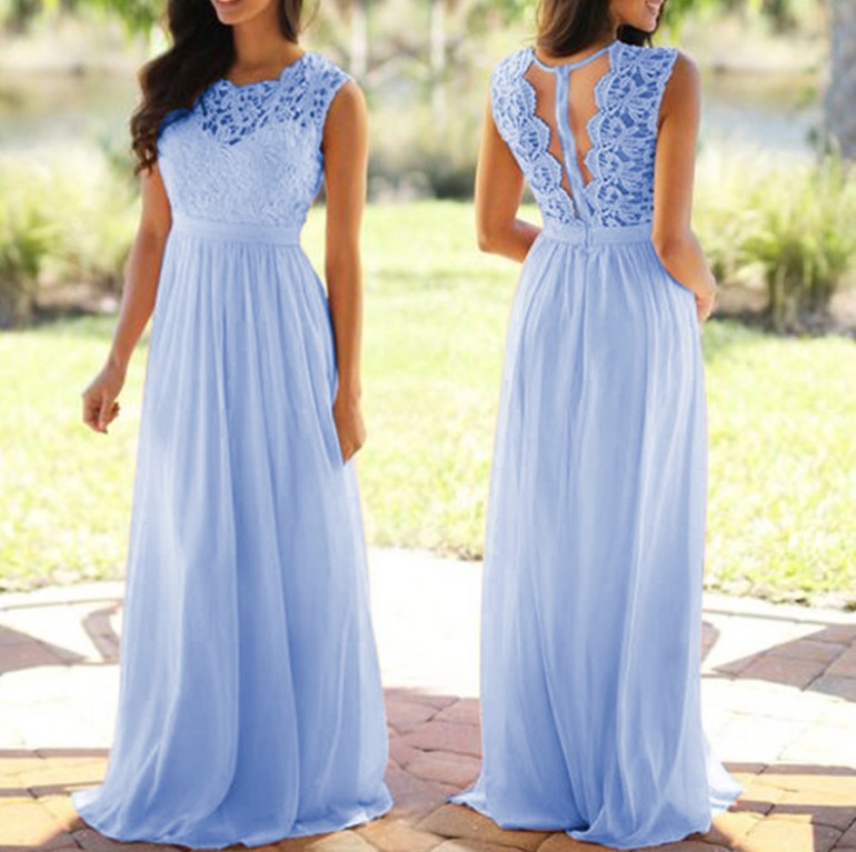 Damen Maxikleid mit elegantem Spitzenoberteil und tiefem Rücken EB
