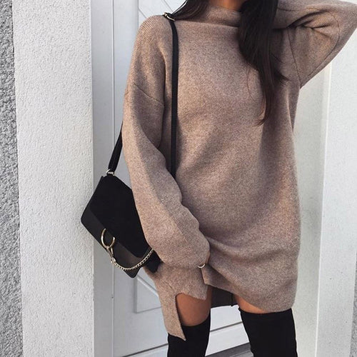 Damen nan Oversize Strickkleid mit Stehkragen, überschnittenen Schultern und seitlichem Oberschenkelschlitz EB