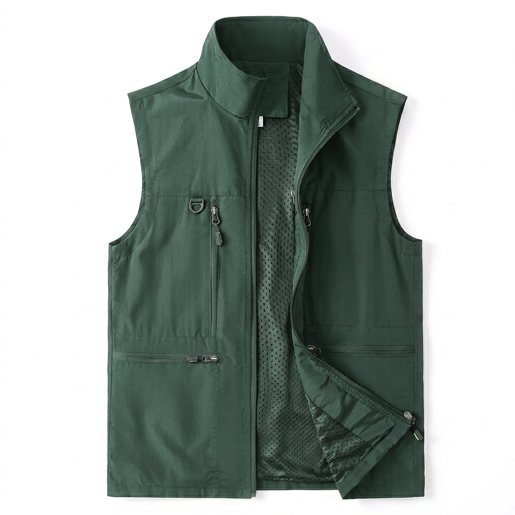 Herren Multifunktionale Outdoorweste mit Mesh‑Futter, Hochkragen und Reißverschlusstaschen EB