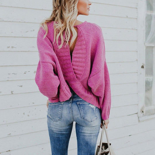 Damen modischer Strickpullover mit tiefem Rückenausschnitt und lässiger Silhouette EB