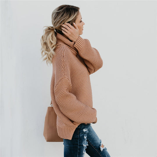 Damen Grobstrickpullover mit hohem Kragen und überschnittenen Schultern EB