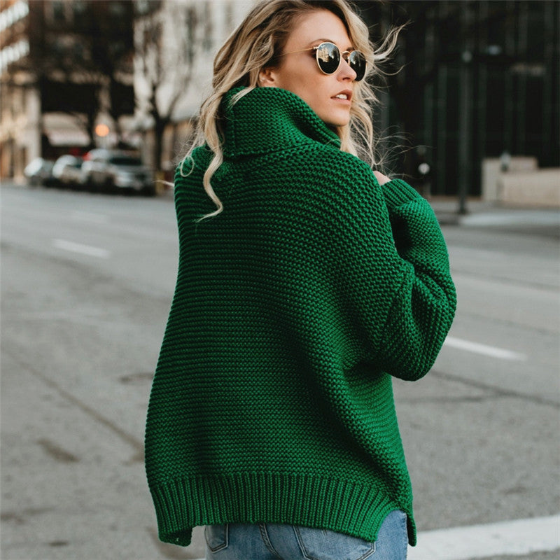 Damen Grobstrickpullover mit hohem Kragen und überschnittenen Schultern EB