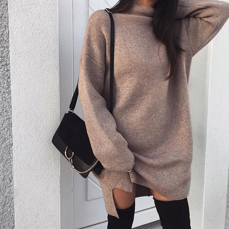 Damen nan Oversize Strickkleid mit Stehkragen, überschnittenen Schultern und seitlichem Oberschenkelschlitz EB