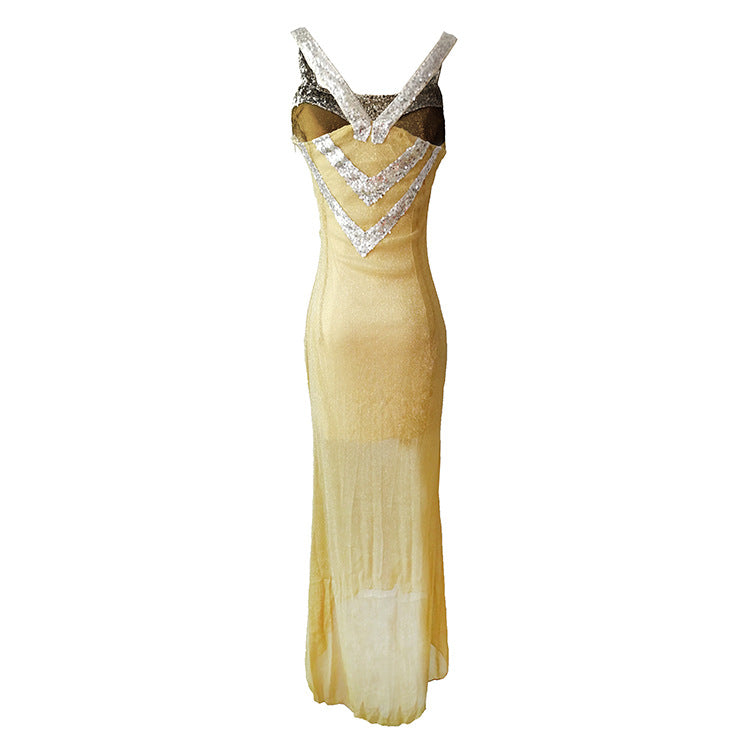 Damen Glitzerndes Abendkleid mit raffiniertem V-Ausschnitt und schwingendem Saum EB
