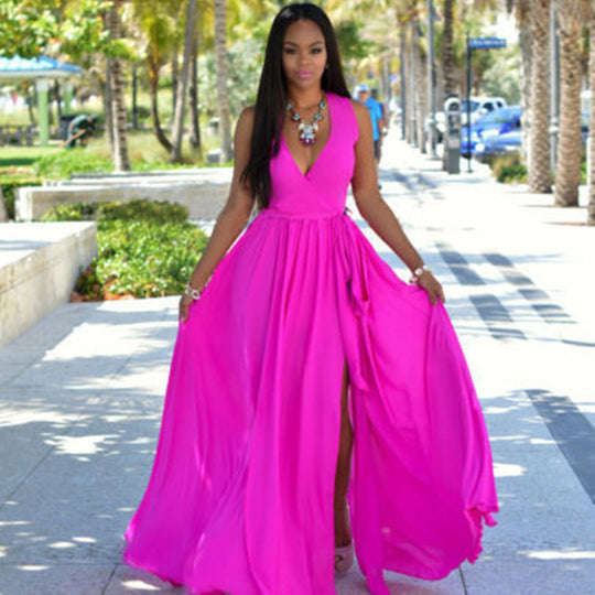 Damen Maxikleid mit tiefem V-Ausschnitt und seitlichem Schlitz EB