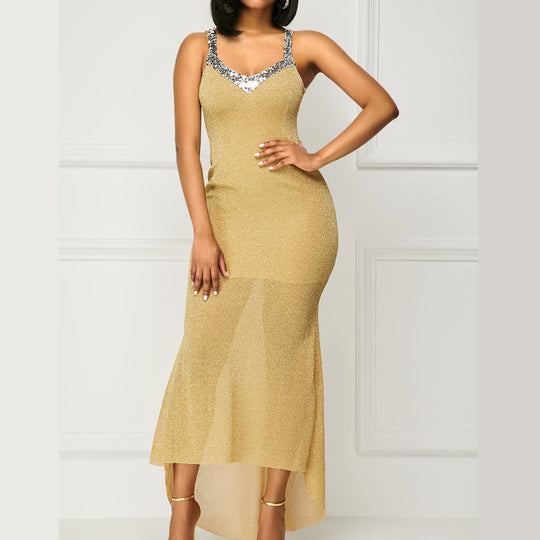 Damen Glitzerndes Abendkleid mit raffiniertem V-Ausschnitt und schwingendem Saum EB
