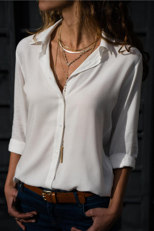Damen nan lässige Viskose-Chiffon Bluse mit V-Ausschnitt und Umschlagärmeln EB