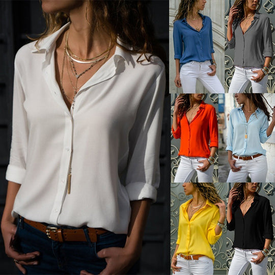 Damen nan lässige Viskose-Chiffon Bluse mit V-Ausschnitt und Umschlagärmeln EB