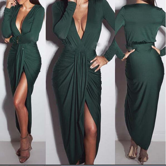 Damen Maxikleid mit elegantem Wickel-Design und tiefem V-Ausschnitt EB