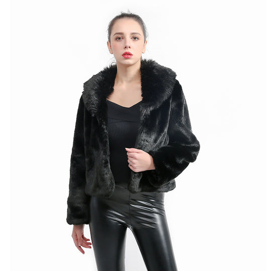 Damen Flauschige Kunstpelzjacke mit voluminösem Kragen und elegantem Schnitt EB