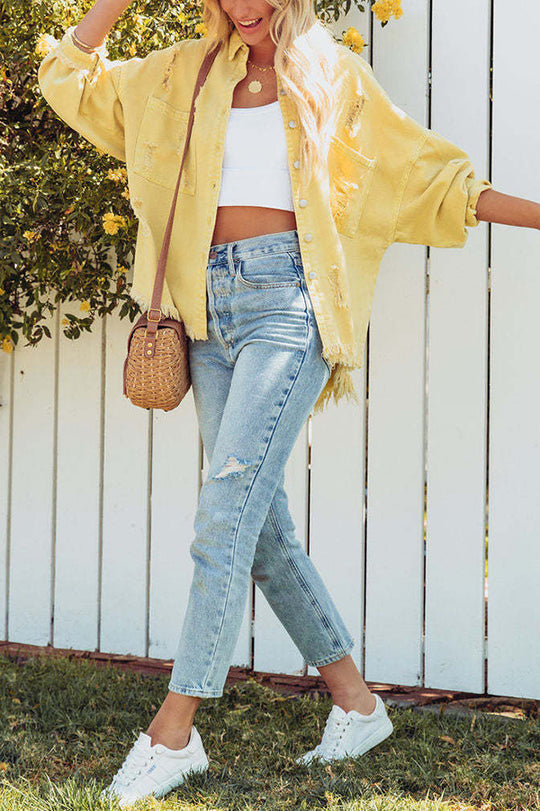 EB | Revers Langarm Ripped Denim Jacke