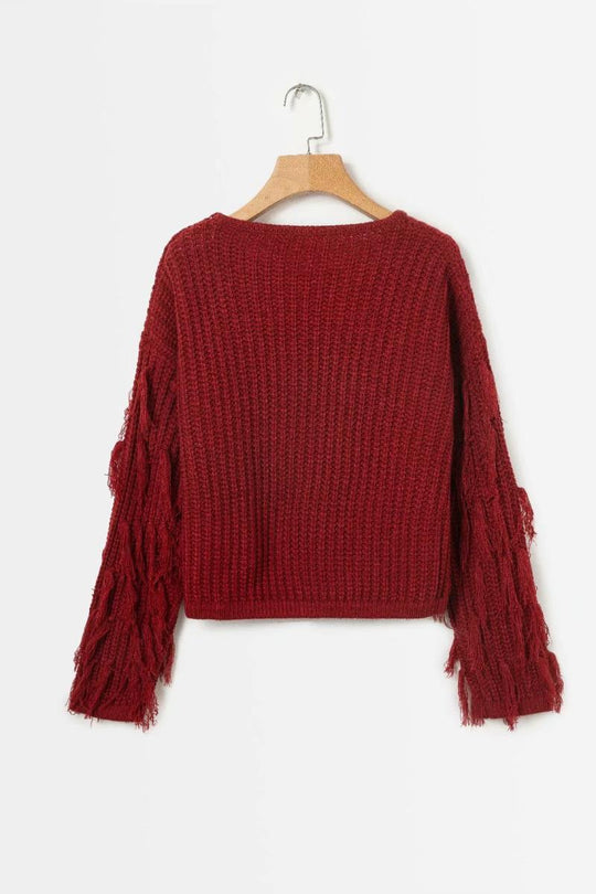 Damen lässiger Strukturpullover mit fransigen Ärmeln EB