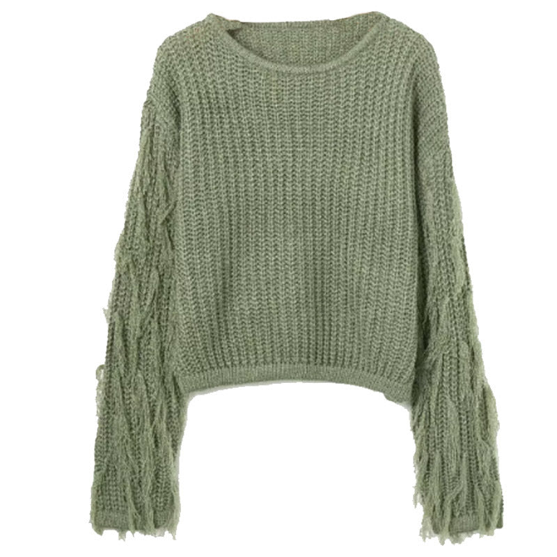 Damen lässiger Strukturpullover mit fransigen Ärmeln EB