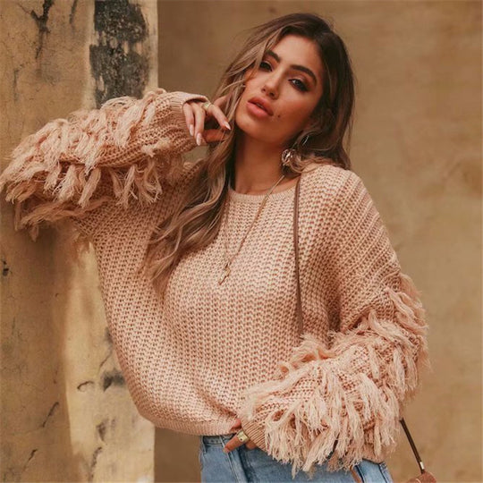 Damen modischer Strickpullover mit fransigen Ärmeln und besonderem Strukturmuster EB