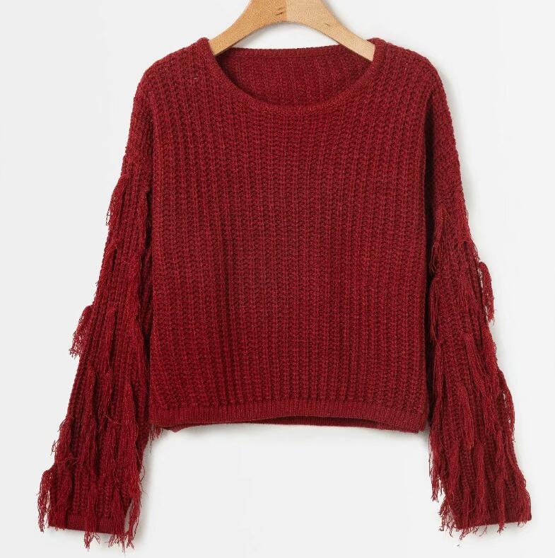 Damen gemütlicher Strickpullover mit lässigen Fransenärmel EB