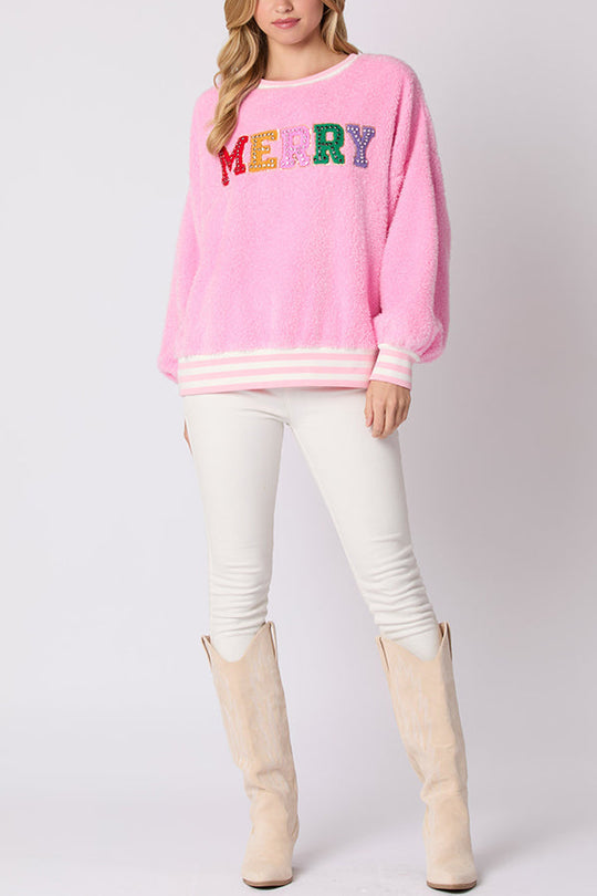 EB | Weihnachtsbuchstaben Strass Langarm Rundhalsausschnitt Sweatshirt