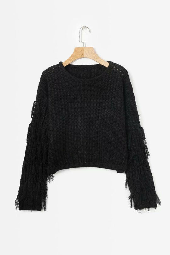 Damen lässiger Strukturpullover mit fransigen Ärmeln EB