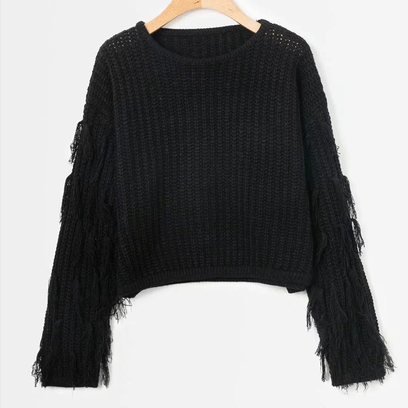 Damen Strickpullover mit fransigen Ärmeln und trendigem Schnitt EB