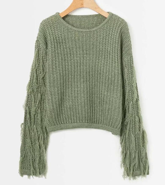 Damen Strickpullover mit fransigen Ärmeln EB