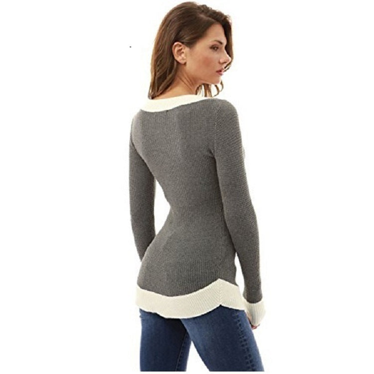 Damen V-Ausschnitt Pullover mit kontrastierenden Abschlüssen EB