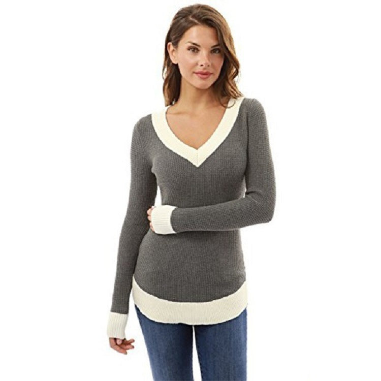 Damen eleganter V-Ausschnitt Pullover mit feinem Strukturstrick EB