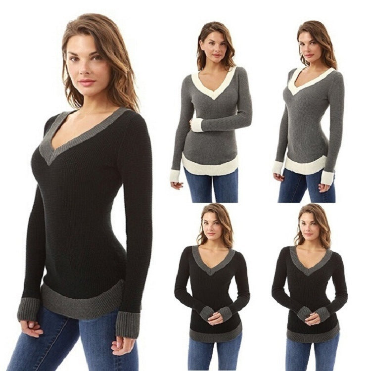 Damen eleganter V-Ausschnitt Pullover mit feinem Strukturstrick EB