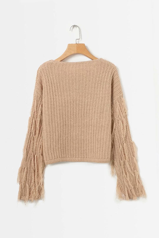 Damen Strukturpullover mit ausgefallenen Fransenärmeln EB