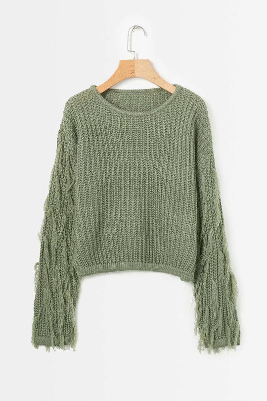 Damen Strukturpullover mit ausgefallenen Fransenärmeln EB