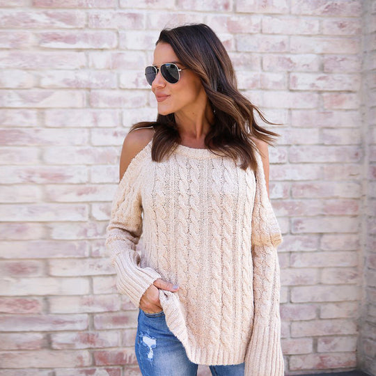 Damen Grobstrickpullover mit schulterfreiem Design und voluminösen Ärmeln EB