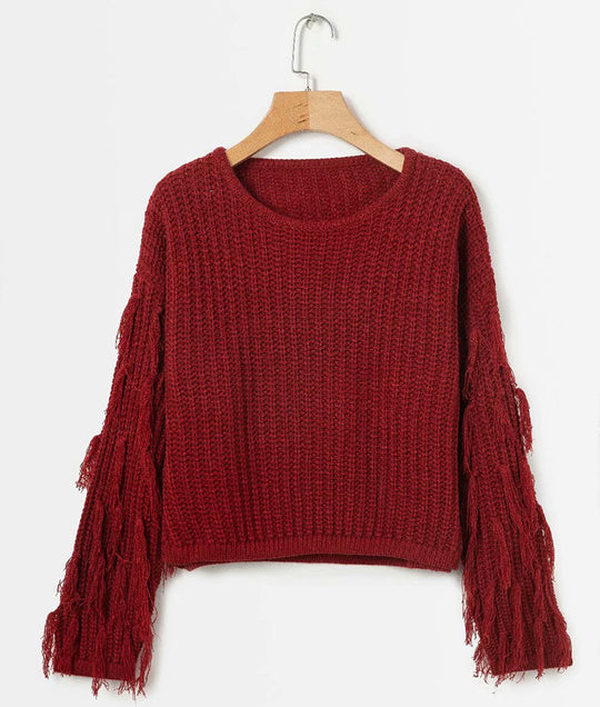 Damen Strickpullover mit ausgefallenen Fransenärmel EB