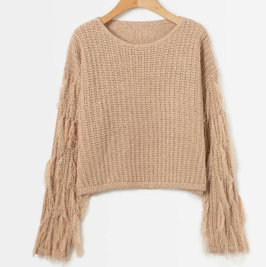 Damen gemütlicher Strickpullover mit lässigen Fransenärmel EB