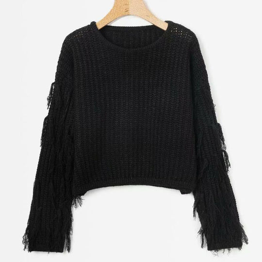 Damen gemütlicher Strickpullover mit lässigen Fransenärmel EB