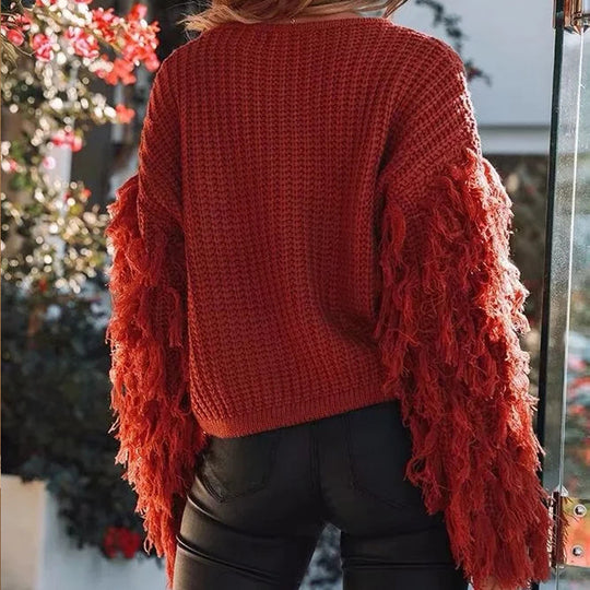 Damen Strickpullover mit fransigen Ärmeln und trendigem Schnitt EB