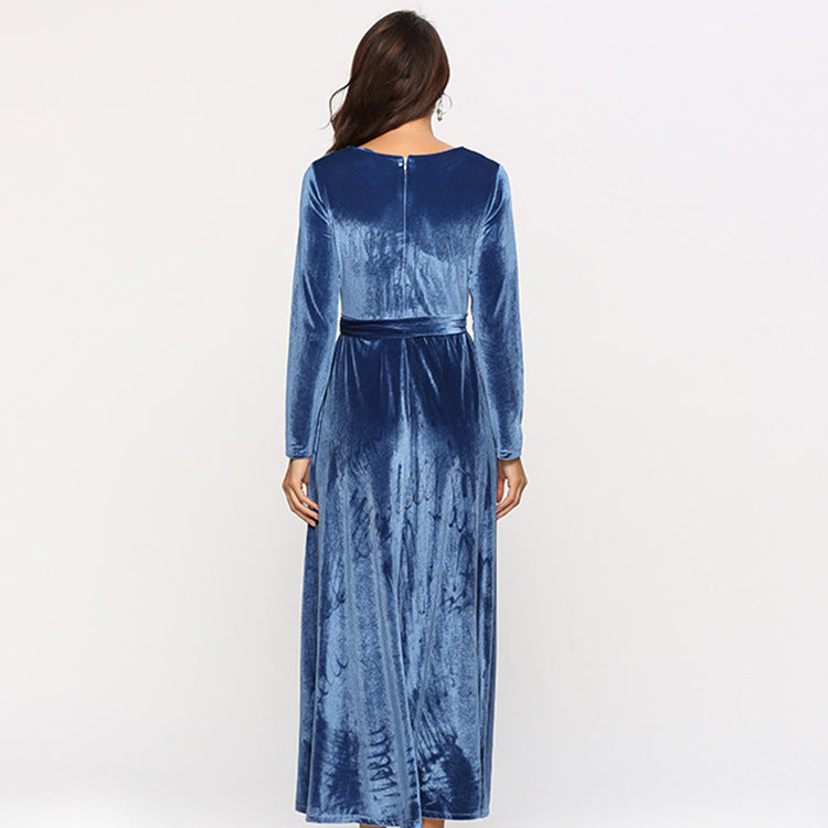 Damen elegantes Maxikleid aus weichem Samt mit Taillengurt EB