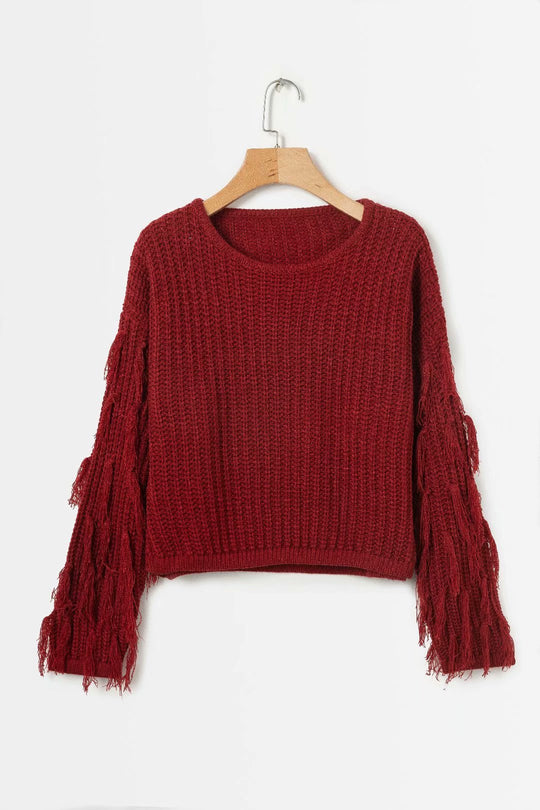 Damen trendiger Grobstrickpullover mit fransigen Ärmeln EB