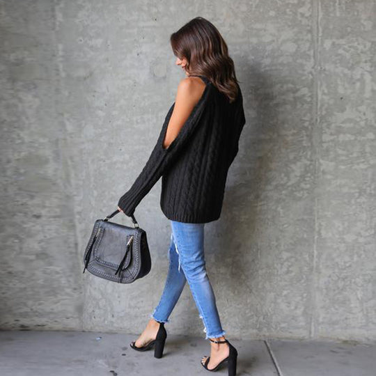Damen Strickpullover mit offenen Schultern und Zopfmuster EB
